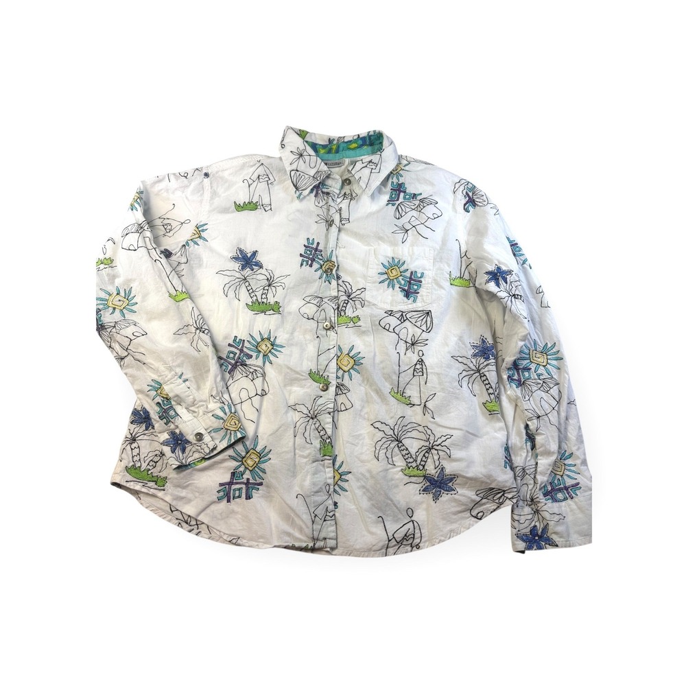 Units‎ Hawaiian Tropical Shirt Womens Large White Palm Tree Print Button Up